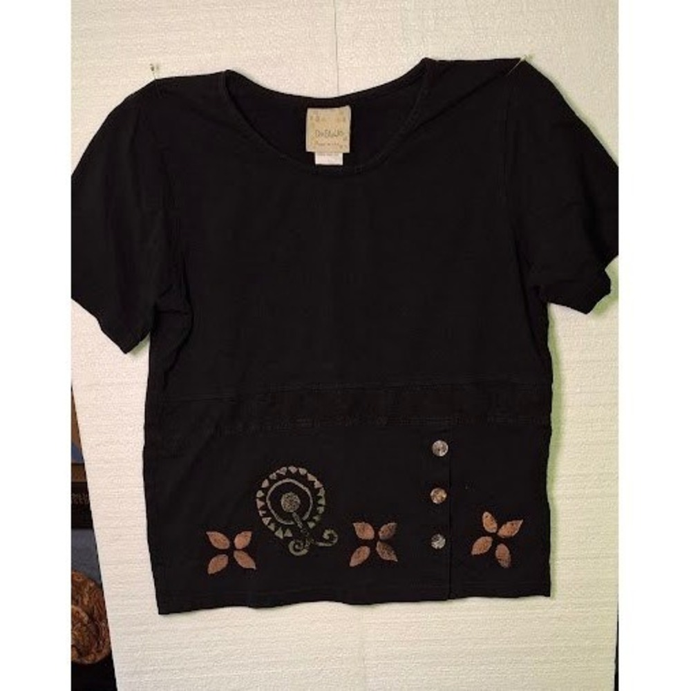 D*Blue Black Cotton Linen Block Print Button Detail Top Made in USA Womens Large